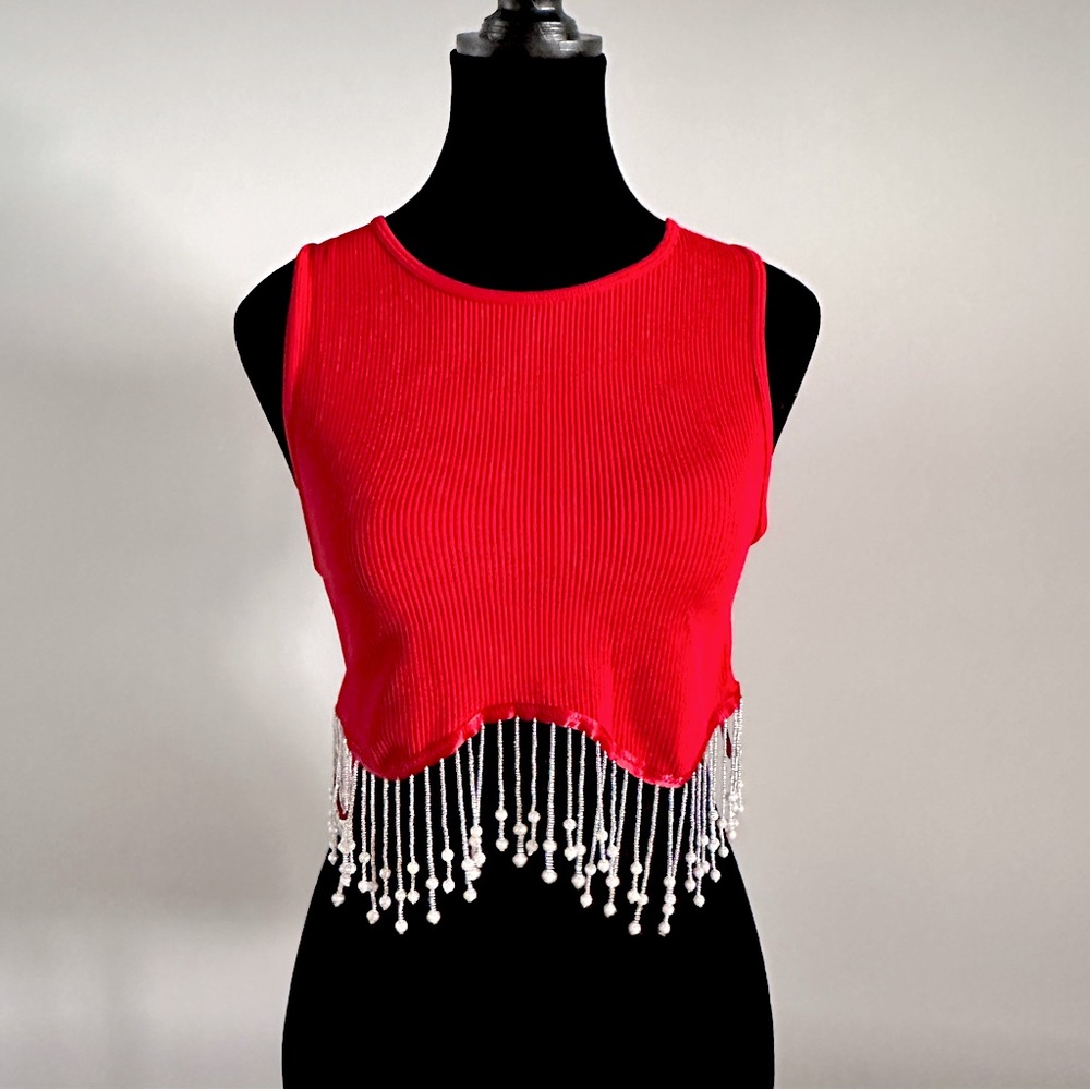 NWT Sincerely Jules ribbed top with pearl fringe size Medium